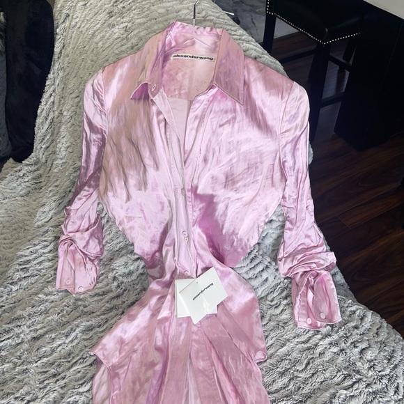 Alexander Wang Ruched Crinkled-Satin Shirt in Pink - Picture 6 of 14